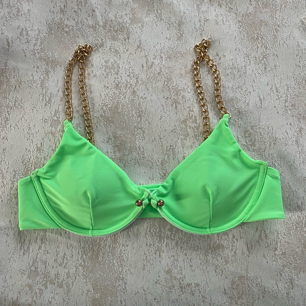 Neon Green Bikini Top with Gold Chain Straps